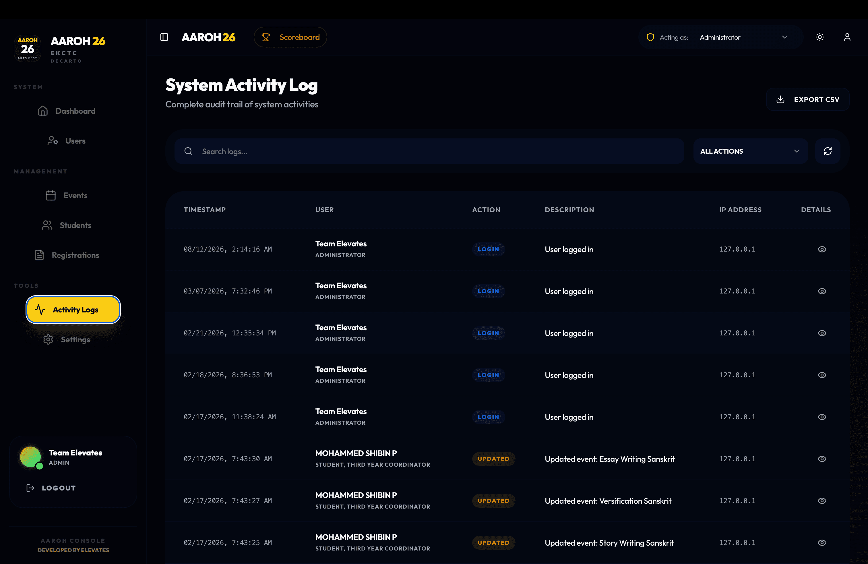 System Activity Log (Dark Mode): Real-time security audit trail tracking user logins, event updates, and IP addresses with CSV export.