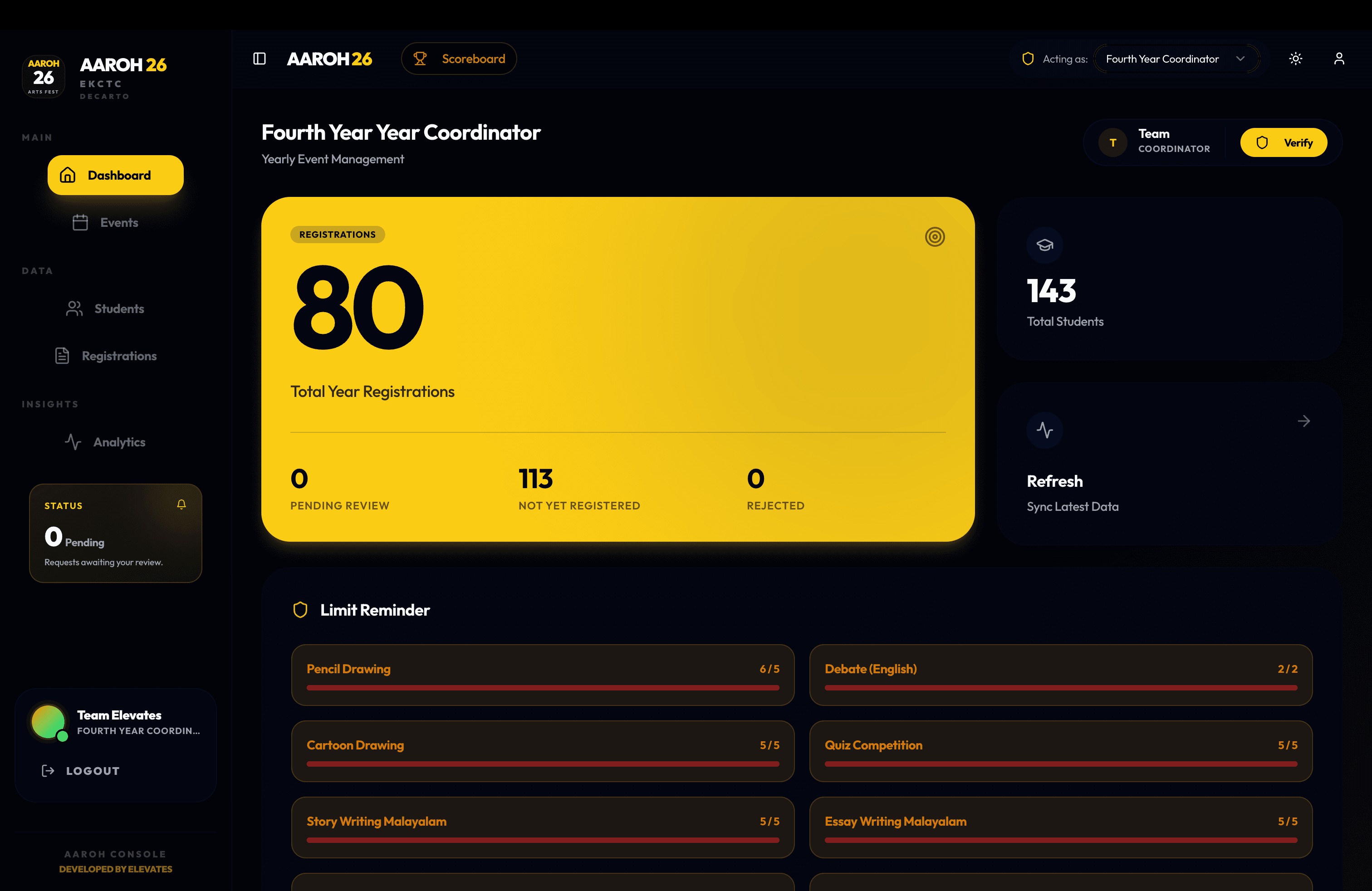 Year Coordinator Dashboard: Live event capacity reminders (Pencil Drawing 6/5, Cartoon 5/5, Quiz 5/5) and year registration stats.