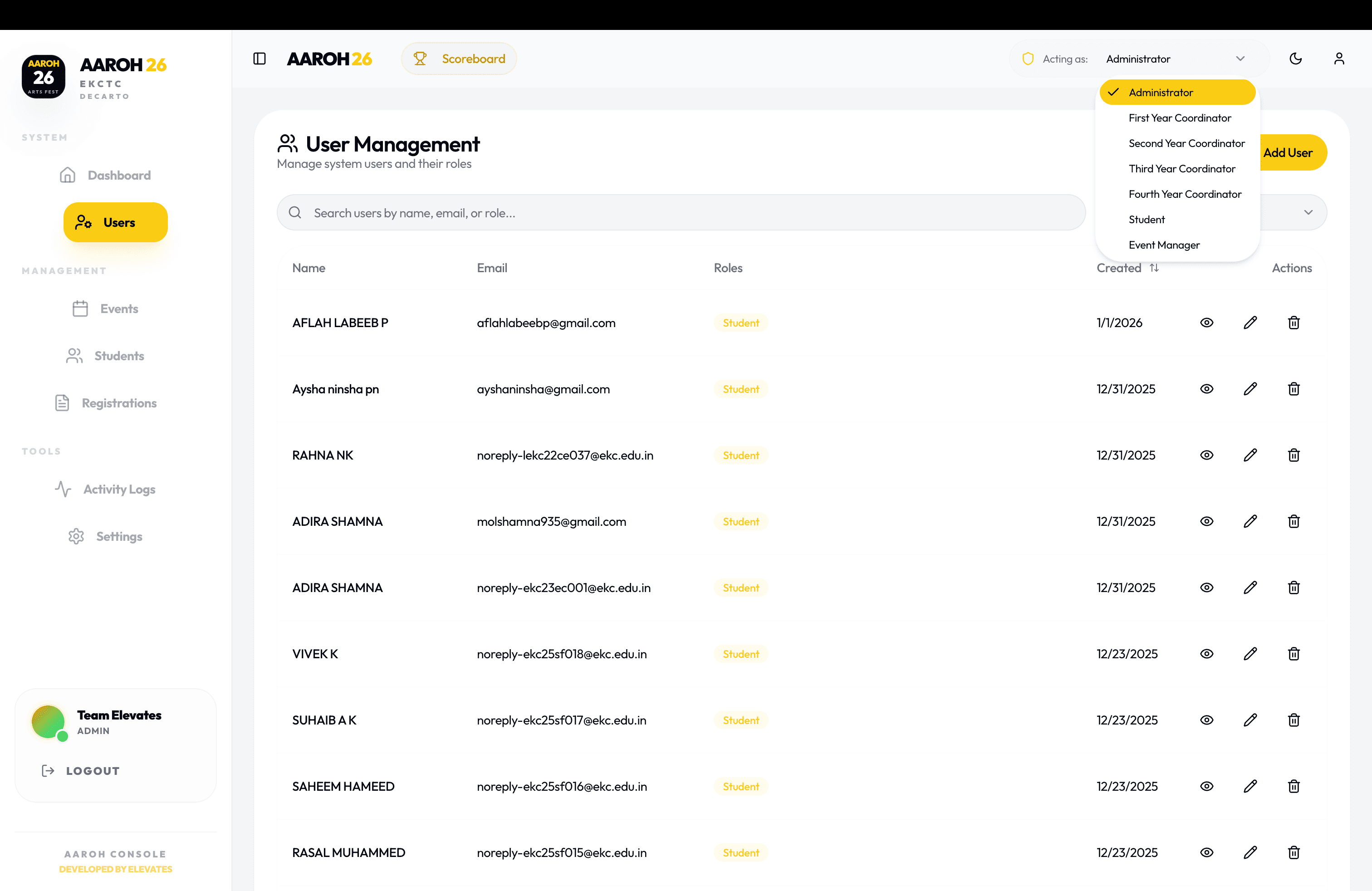 Role-Based Access Control: Managing Administrators, Year Coordinators, Event Managers, and Student roles with instant role switching.