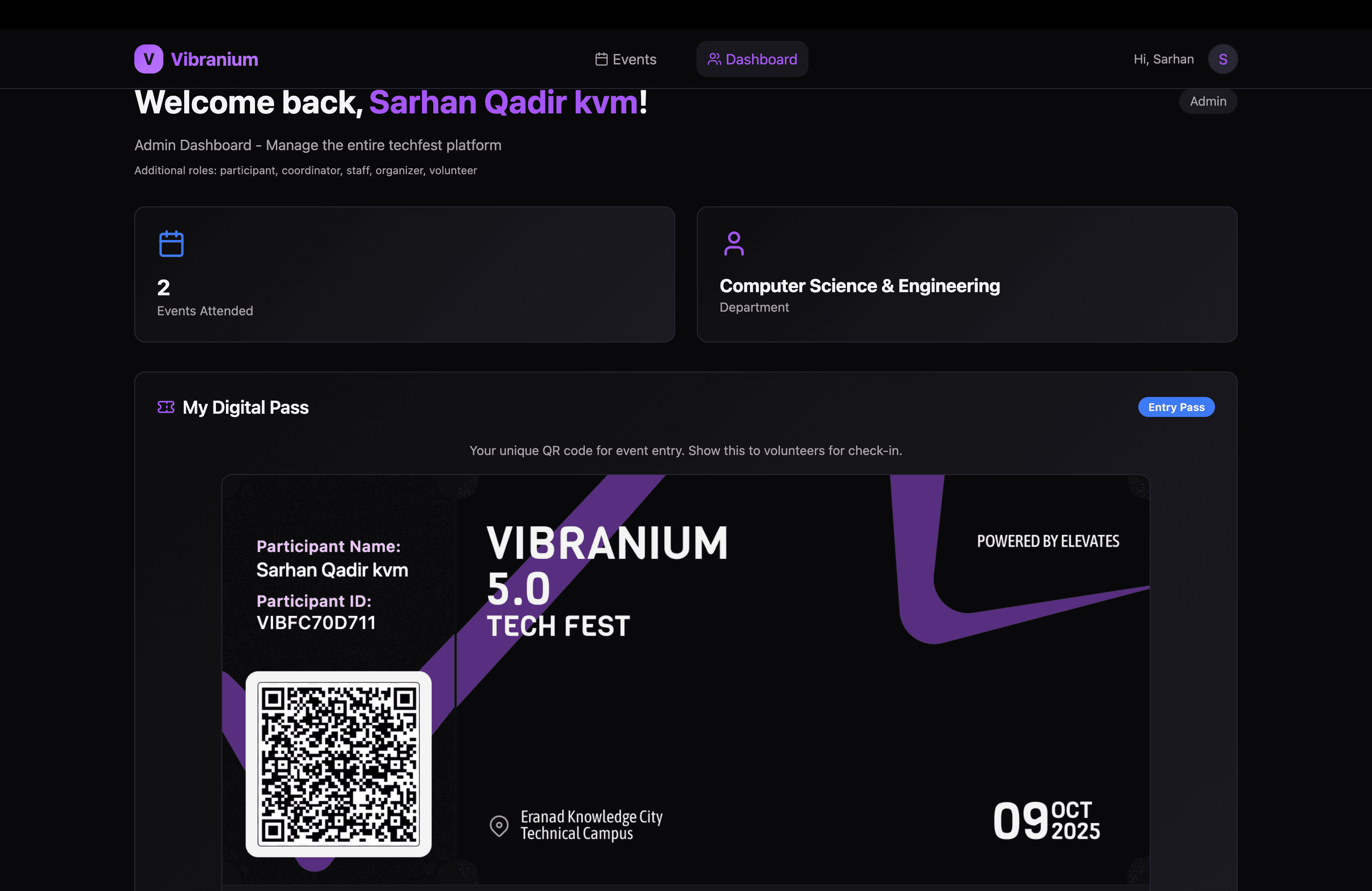 Digital Entry Pass: Unique QR verification pass for participants (Participant ID: VIBFC70D711), powered by ELEVATES for gate entry.