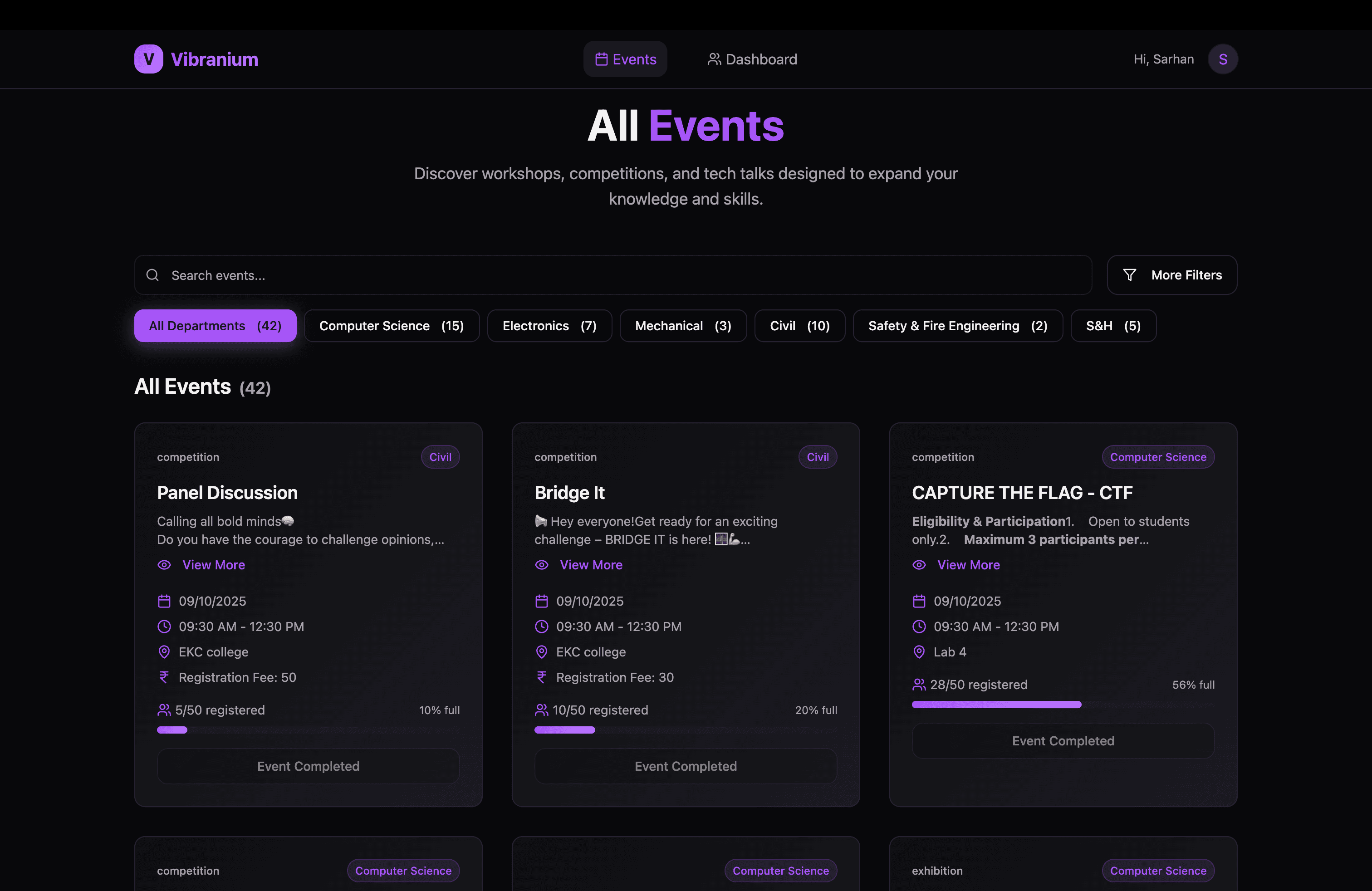 Events & Competitions Catalog: Live department filters (CS, Electronics, Mechanical, Civil, Safety & Fire, S&H) with real-time seat capacity bars.